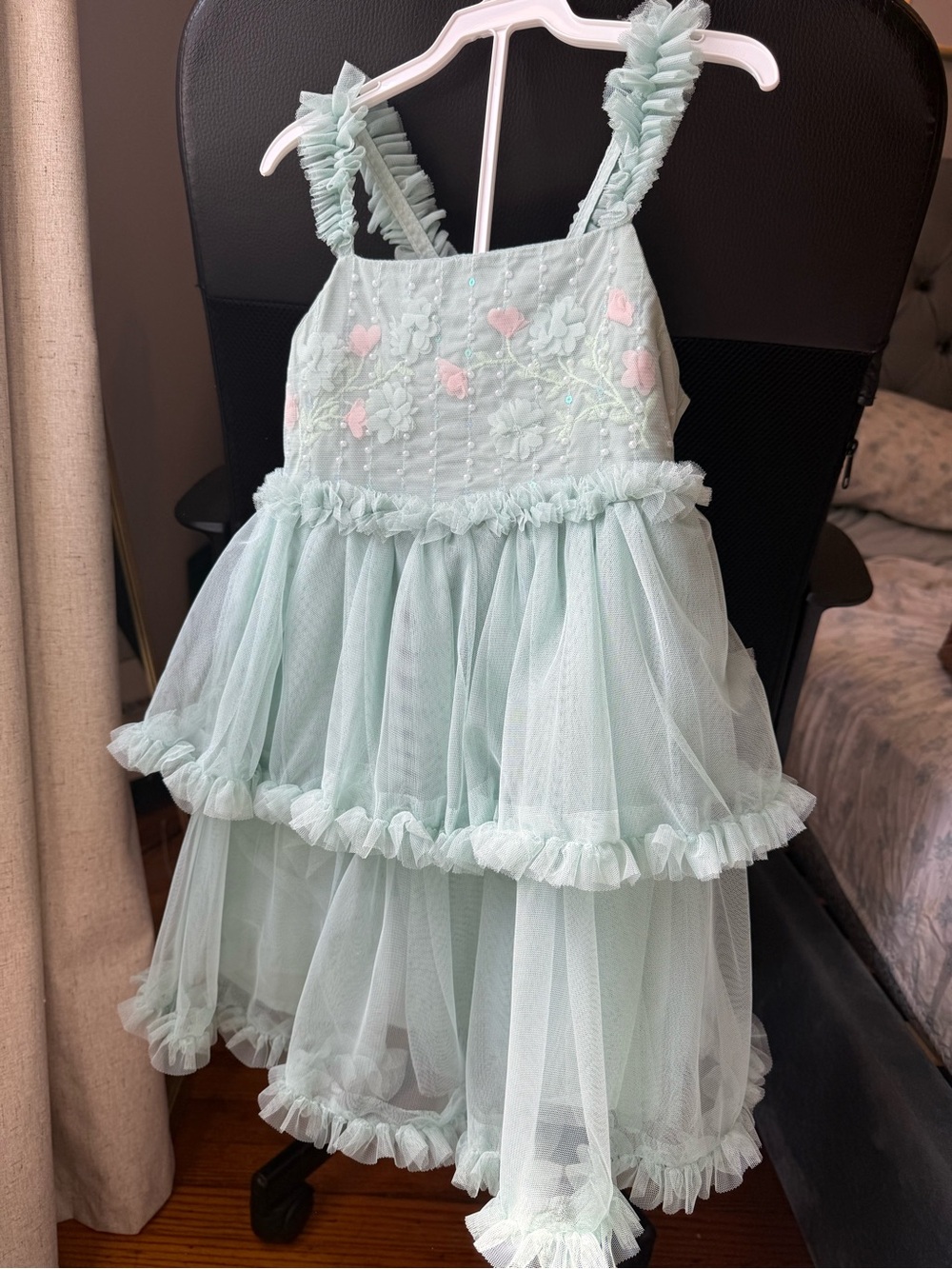 Girls Mint Tulle Ruffle Dress with Floral Appliqué